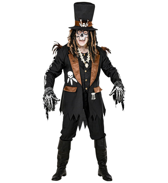 Zwarte voodoo priester jas met witte schedelprint en gerafelde zoom, vooraanzicht