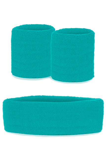 Zweetbandjes set blauw met brede hoofdband en twee polsbandjes in effen blauw ribgebreid weefsel