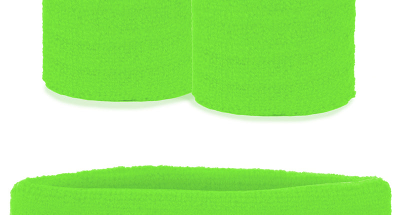 Zweetbandjes set fluor groen met brede hoofdband en twee polsbandjes van badstofachtig weefsel