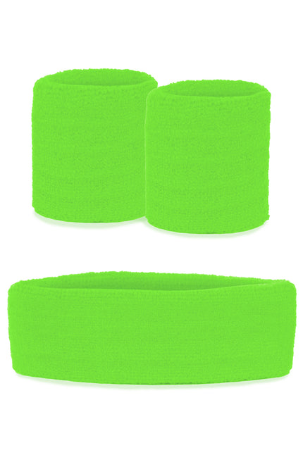 Zweetbandjes set fluor groen met brede hoofdband en twee polsbandjes van badstofachtig weefsel