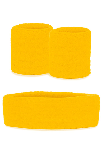 Zweetbandjes set geel 3-delig met brede hoofdband en twee geribbelde polsbandjes voor een themafeest