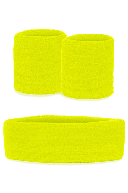 Zweetbandjes set neon geel met brede hoofdband en twee polsbandjes in fluogele badstofstructuur