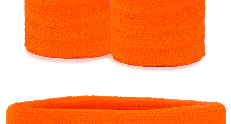 Zweetbandjes set neon oranje 3-delig met brede hoofdband en twee polsbandjes voor een jaren 80-feest