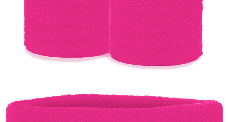 Zweetbandjes set neon roze 3-delig met brede hoofdband en twee polsbandjes voor een jaren 80-feest