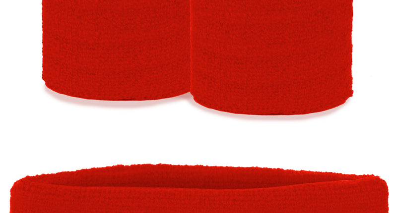 Zweetbandjes set rood 3-dlg met brede hoofdband en twee geribbelde polsbandjes in effen rood