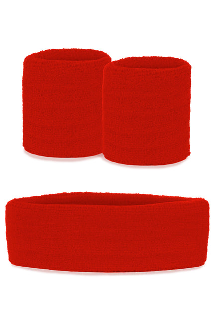 Zweetbandjes set rood 3-dlg met brede hoofdband en twee geribbelde polsbandjes in effen rood
