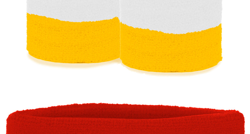 Zweetbandjes set rood wit geel met brede hoofdband en twee polsbandjes in banen voor carnaval