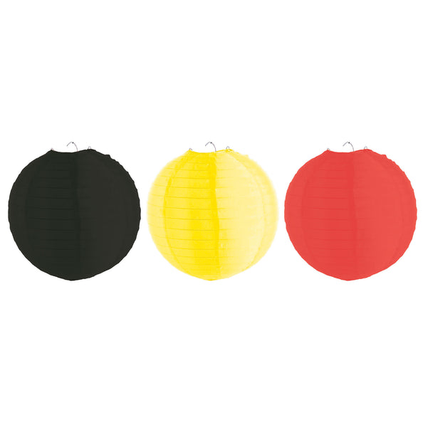 3 lampionnen België of Duitsland naast elkaar in zwart, geel en rood, met ribbels en ophanghaakje, voor carnaval of après-ski