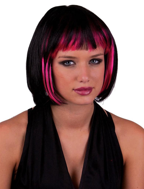 Funny Fashion Bob pruik zwart en roze highlights