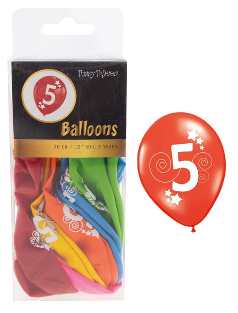 Funny Fashion Cijfer 5 ballonnen in gemixte kleuren
