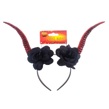 Funny Fashion Diadeem met duivelshoorn en bloemen