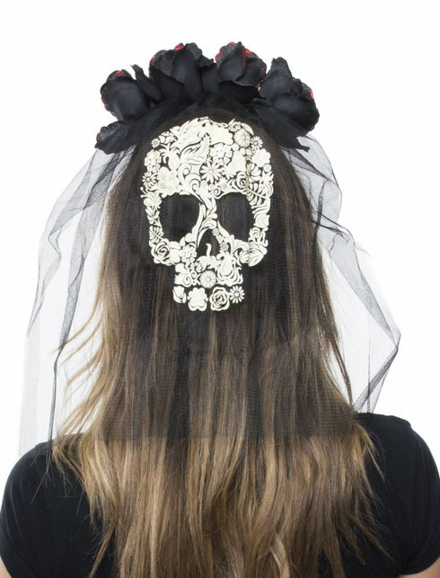 Funny Fashion Doodsbruid hoofdband met zwarte rozen en sluier