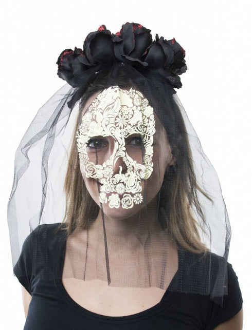 Funny Fashion Doodsbruid hoofdband met zwarte rozen en sluier