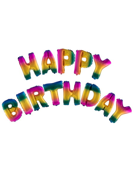 Folie ballonnen set Happy Birthday gekleurd, letters met verloop van roze, goud, groen en blauw voor een verjaardag