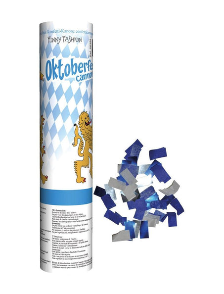 Kleine confetti kanonnen van 20 cm met Beierse ruitprint en blauw-witte zilveren confetti voor Oktoberfest