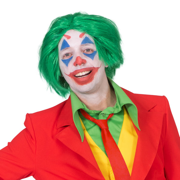 Pruik Joker groen, halflange felgroene pruik met warrig model, gedragen met witte schmink op Halloween