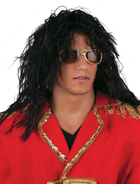 Pruik popster king of pop, lange zwarte krullen tot over de schouders, gedragen voor een jaren 80-feest