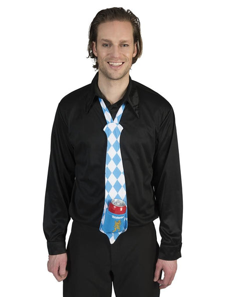 Stropdas Oktoberfest met blikjeshouder gedragen op zwart hemd, blauw-wit geruit met blikje in het vak