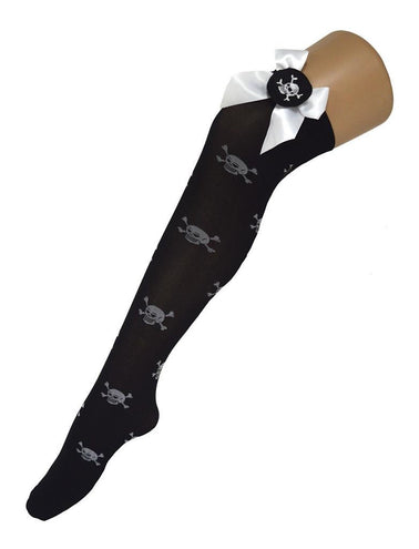 Funny Fashion Zwarte kniekous met doodskoppen en witte strik