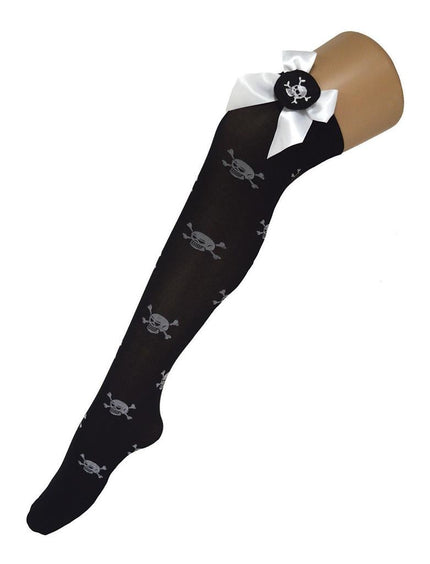 Funny Fashion Zwarte kniekous met doodskoppen en witte strik