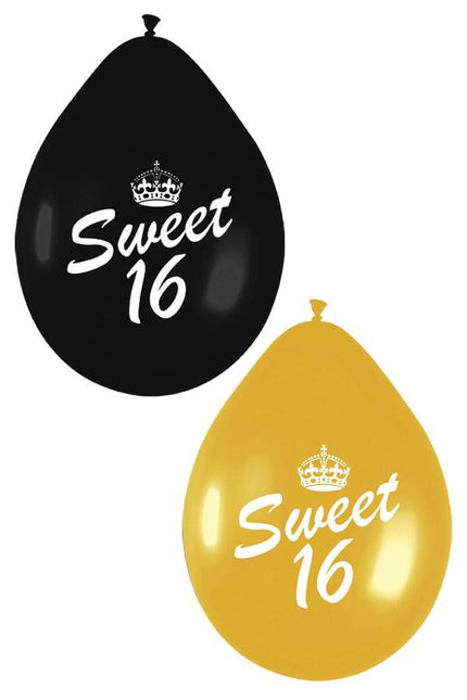 PartyXplosion Ballonnen tekst Sweet Sixteen in zwart en goud