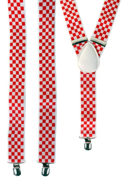 Bretel rood/wit geblokt Brabant met Y-rug, wit rugstuk en drie metalen clips voor carnaval