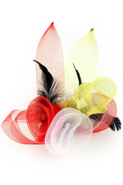 PartyXplosion Broche tule 3 bloemen met veertjes rood-wit-geel