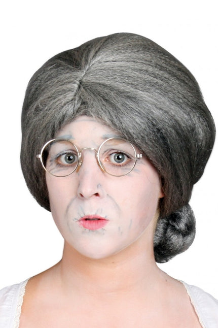 PartyXplosion Grijze oma Mila pruik met knot