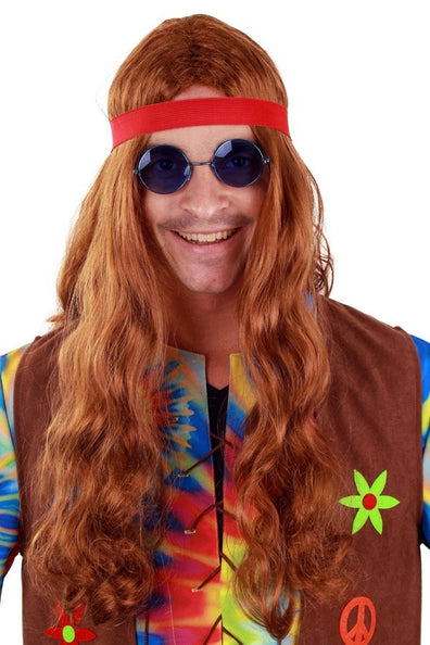 PartyXplosion Hippie pruik Jay lang haar bruin met hoofdbandje