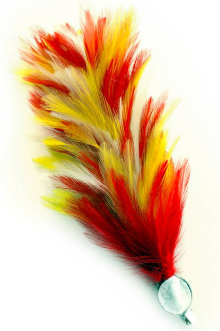 PartyXplosion Verenpluim rood/wit/geel 30 cm buigbaar met speld en clip