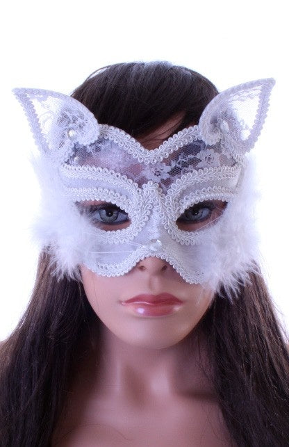 PartyXplosion Wit oogmasker met kant en marabou luxe