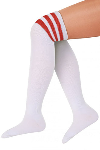 PartyXplosion Witte kousen rode strepen voetbalsokken