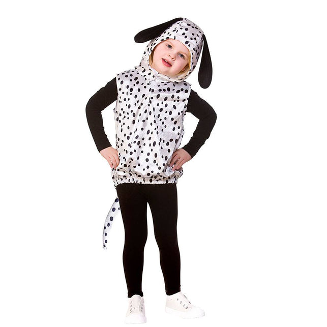 Dalmatiër pakje Evy: wit mouwloos hesje met zwarte stippen, staart en muts met hangende oren, voor kinderen
