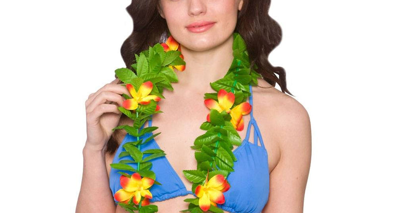 Wicked Costumes Hawaii krans met groene bladeren en bloemen
