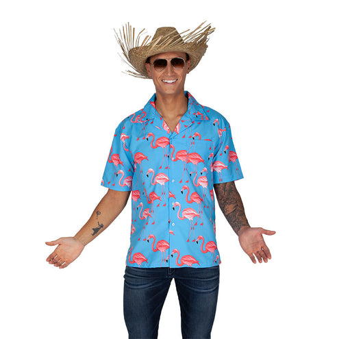 Wicked Costumes Hawaii shirt blauw met roze flamingo's