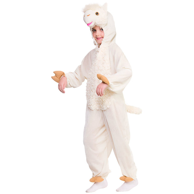 Lama pak Milan kinderen, witte onesie met lamakop op de capuchon, staartje en zachtbruine hoefjes
