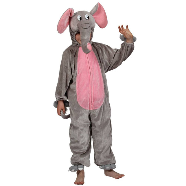 Olifant pak Dombo kinderen, grijs pluche pak met roze buik, capuchon met slurf en oren