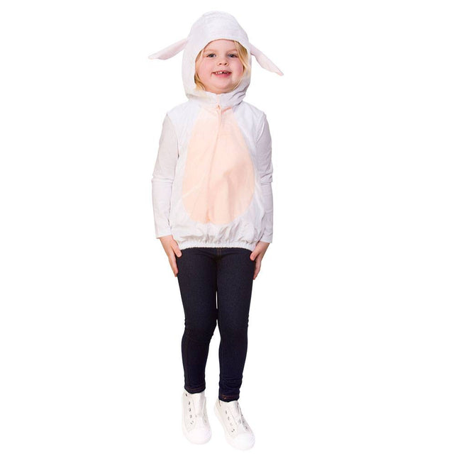 Schapen pakje Evy: wit mouwloos kinderjasje met roze buikpaneel en capuchon met schapenoren voor het kerstspel