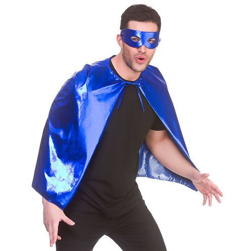 Wicked Costumes Super helden cape metallic met masker 60cm blauw
