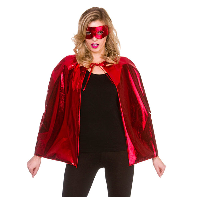 Wicked Costumes Super helden cape metallic met masker 60cm rood