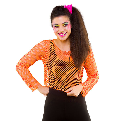 Wicked Costumes Visnet shirt Maud 80- jaren neon oranje