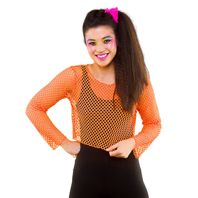 Wicked Costumes Visnet shirt Maud 80- jaren neon oranje