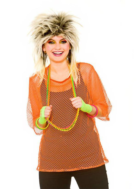 Wicked Costumes Visnet t-shirt 80-jaren neon oranje