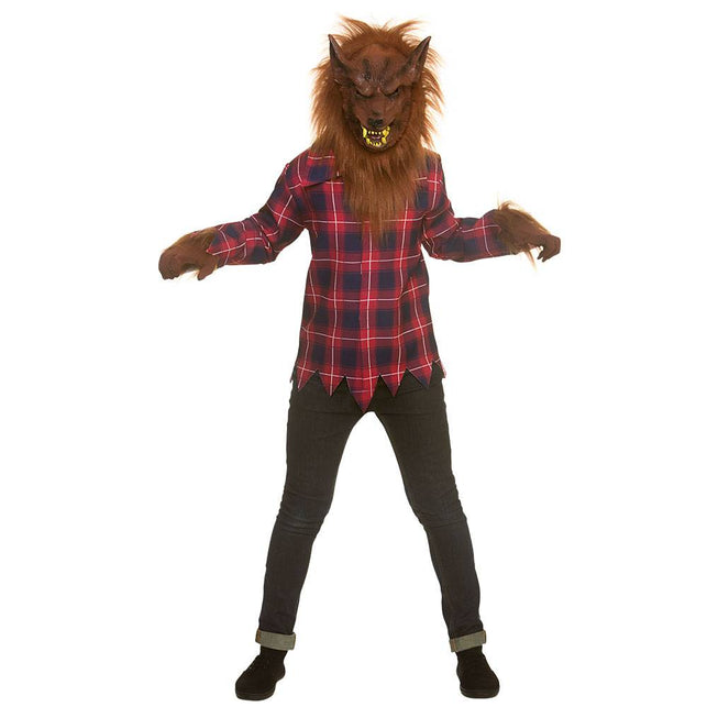 Weerwolf kostuum kids met rood-blauw ruitshirt, harig masker en klauwhandschoenen voor Halloween