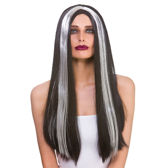 Wicked Costumes Zwarte pruik Rita lang haar en zilveren highlights