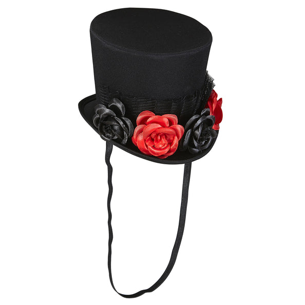 Mini hoge hoed halloween in zwart met rode en zwarte roosjes en dun koord, voor Halloween